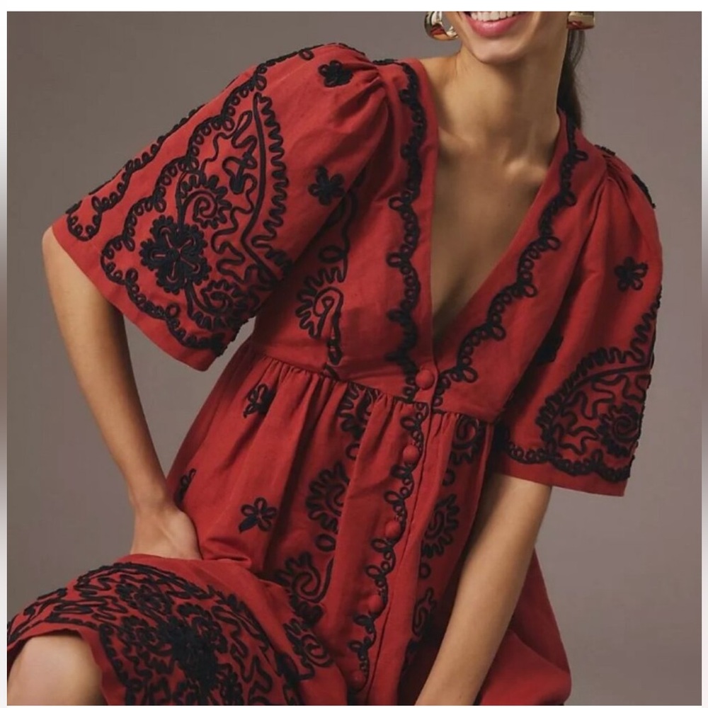 RHODE Rust Midi Dress with Black Embroidery Detailing